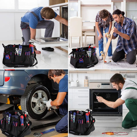 People using the 16 Inch Close Top Wide Mouth Tool Storage Bag With Waterproof Rubber Base for various home and auto repairs.