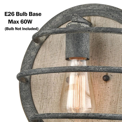 Close-up of Farmhouse Wood Wall Sconce With Industrial Cage, 1 Light, Rustic Back Plate, Weathered Finish, ETL Listed Wall Lighting