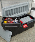 Heavy Duty 48 Gallon Plastic Storage Bin With Two 8 Gallon Nested Lockable Boxes And Secure Fitting Lids showcasing contents inside.