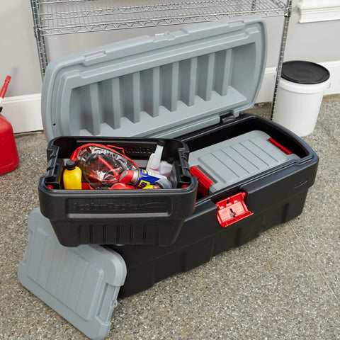 Heavy Duty 48 Gallon Plastic Storage Bin With Two 8 Gallon Nested Lockable Boxes And Secure Fitting Lids showcasing contents inside.
