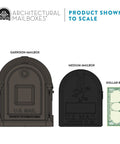 Size comparison of heavy duty post mounted bronze mailbox with medium mailbox and dollar bill for scale.