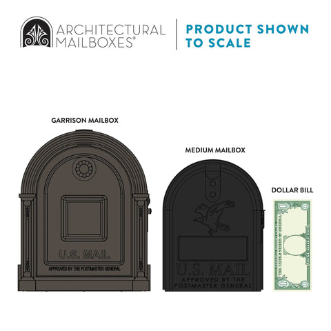Size comparison of heavy duty post mounted bronze mailbox with medium mailbox and dollar bill for scale.