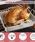 Stainless Steel Roasting Pan With Rack Set Large 15.2 Inch Lasagna Pan Includes V Shaped Rack And Basting Brush Heavy Duty Dishwasher Safe Perfect For Turkey Chicken Veggies And Other Dishes in oven with cooked turkey