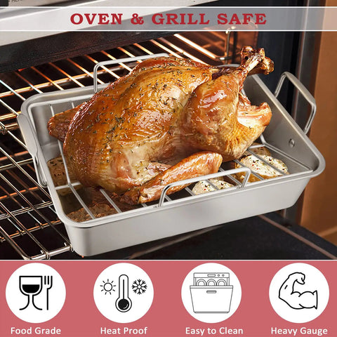 Stainless Steel Roasting Pan With Rack Set Large 15.2 Inch Lasagna Pan Includes V Shaped Rack And Basting Brush Heavy Duty Dishwasher Safe Perfect For Turkey Chicken Veggies And Other Dishes in oven with cooked turkey