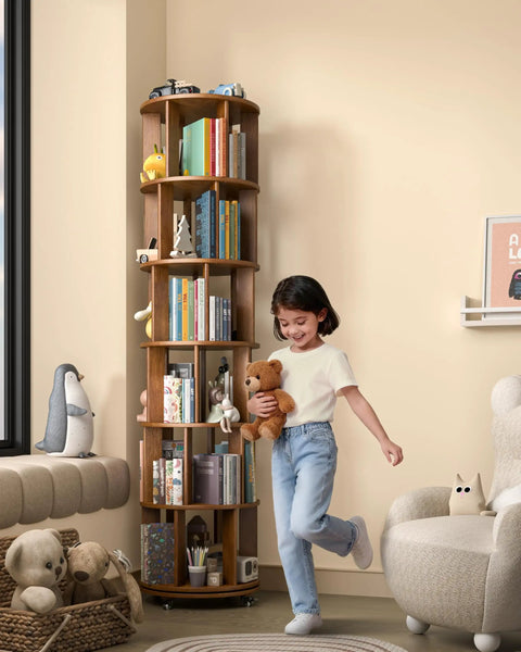 Six Tier Solid Wood Rotating Bookshelf On Wheels With Smooth Three Sixty Spin And Locking Wheels Makes This Round Walnut Bookcase A Real Game Changer For Tiny Bedrooms Or Offices While Providing Super Sturdy Storage And Zero Hustle Access