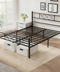 Queen Size Bed Frame With Integrated Headboard, Hella Sturdy Steel Base in matte black, detailed view with slats and storage underneath.