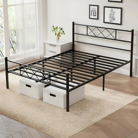 Queen Size Bed Frame With Integrated Headboard, Hella Sturdy Steel Base in matte black, detailed view with slats and storage underneath.