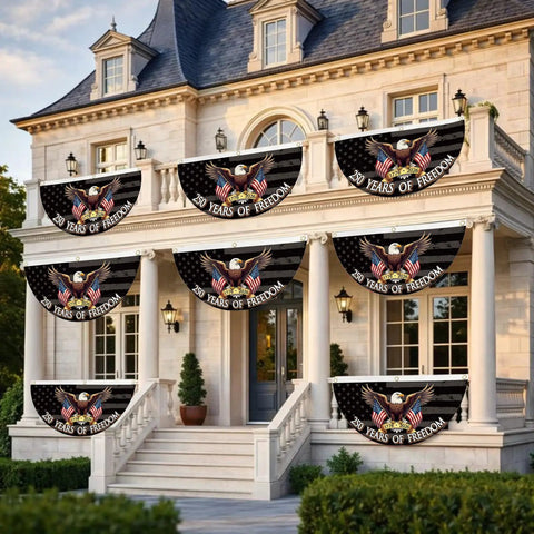 250 Year Freedom Anniversary Patriotic Eagle Bunting Flag 1776 2026 Commemorative on a house facade
