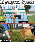 Multi-purpose sports net used for baseball, tennis, hockey, basketball, soccer, and backyard setups showing diverse sports applications.