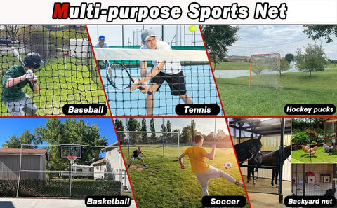 Multi-purpose sports net used for baseball, tennis, hockey, basketball, soccer, and backyard setups showing diverse sports applications.