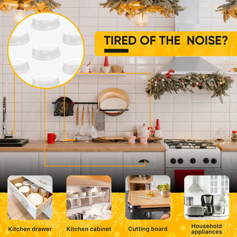 Close-up of 128 Clear Cabinet Door Bumpers Self Adhesive Rubber Cushions One Half Inch No More Door Slams Damp Pads in kitchen setting