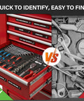 Open tool drawer with 105 Piece Magnetic Tool Box Label Kit For The Garage With Heavy Duty Drawer Magnets showing organized tools