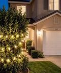 House exterior with 200 LED Warm White Christmas Lights On 66ft Green Wire wrapped around a tree at night