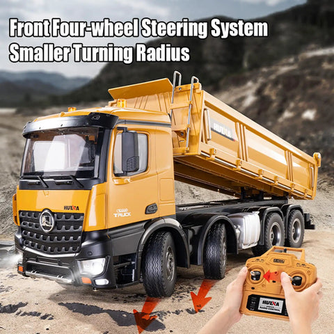 Heavy Duty RC Dump Truck 1 14 Scale, 12 Channel 4WD Remote Control Construction Vehicle with 6 Kg Load shown in rugged terrain