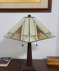 Stained Glass Mission Table Lamp In Tan Brown Finish, Totally Timeless Vintage Vibe, 23 Inch Tall Nightstand Light with two pull chains on a wooden table