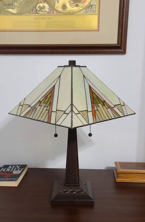 Stained Glass Mission Table Lamp In Tan Brown Finish, Totally Timeless Vintage Vibe, 23 Inch Tall Nightstand Light with two pull chains on a wooden table