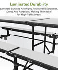 Close-up of laminated Mobile School Cafeteria Table With Bench, 12-Foot Rectangle Lunchroom Table On Wheels, heavy-duty design