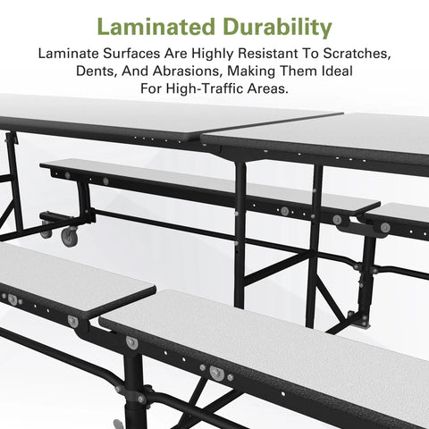 Close-up of laminated Mobile School Cafeteria Table With Bench, 12-Foot Rectangle Lunchroom Table On Wheels, heavy-duty design