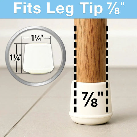 Seven Eighth Inch Round Rubber Chair Leg Caps, Slip On Nonslip Furniture Floor Protectors For Hardwood And Tile, White Four Pack, showing sizing measurement for 7/8 inch furniture legs.