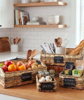 Six Premium Handcrafted Wicker Pantry Baskets And Closet Storage Organizers With Matched Chalkboard Labels For Kitchen Decluttering on counter.