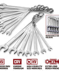 Heavy-Duty 200 Piece Mechanic Tool Set With 1/4, 3/8, And 1/2 Inch Drive Sockets, SAE And Metric, showing wrenches and holders