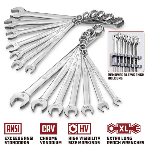 Heavy-Duty 200 Piece Mechanic Tool Set With 1/4, 3/8, And 1/2 Inch Drive Sockets, SAE And Metric, showing wrenches and holders