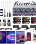 120Ft SMD5050 RGB Storefront LED Lights With Smart Bluetooth Control kit components, including remotes, modules, and app control