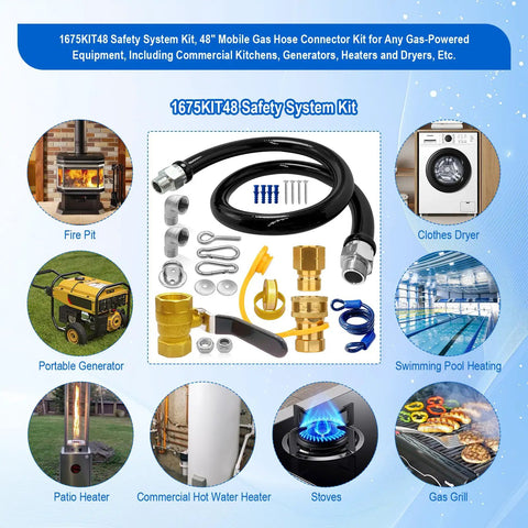 Rock Solid 48 Inch Commercial Gas Hose Connector Kit With 3/4 Quick Disconnect And Full Port Shut Off Valve For Chefs And Restaurants Featuring Reliable Restraint Cable.