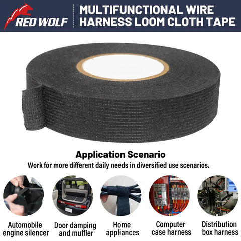 Close-up of High Temp Wiring Harness Tape for Auto Interiors, black roll, 3/4 inch wide, used for securing and protecting wiring.