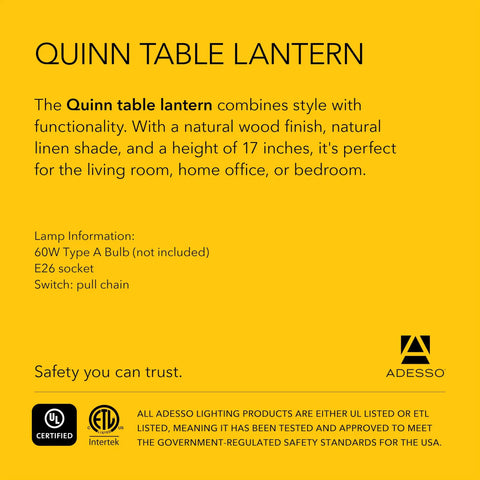 Quinn Table Lantern features walnut birch wood base, natural linen shade, 17 inches high; ideal for cozy, functional lighting.