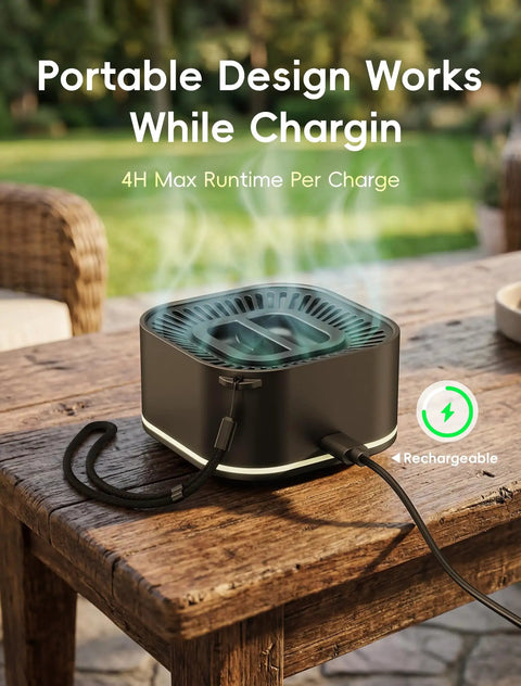 Portable Mosquito Repellent Device For Outdoor And Indoor Use Rechargeable Electronic Insect Repellent With 20 Feet Coverage Great For Camping Hiking Patio And Backyard Safe For Kids And Pets Includes 2 Refills on wooden table