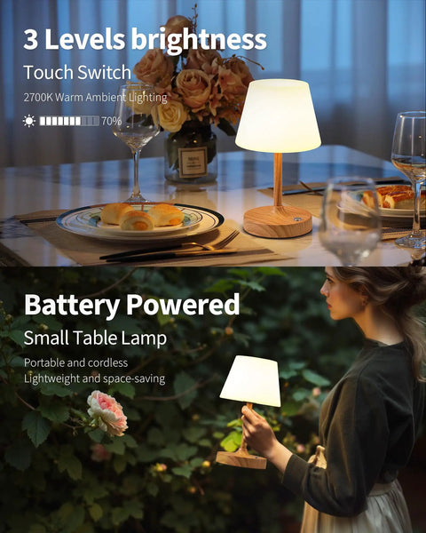Cordless LED Wood-Grain Table Lamp With Waterproof Shower Design on dinner table and garden, battery-powered, cozy ambience