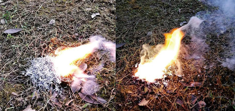 All In One Prepper Grade Survival Fire Starter Kit with magnesium shavings igniting on a grassy surface outdoors