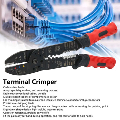 All-In-One Wire Crimping And Stripping Tool With Durable Carbon Steel Blades shown crimping network cables in an industrial setting.