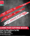Three reciprocating saw blades for wood and metal; red/white bi-metal teeth, 6 in and 8 in sizes, with storage box