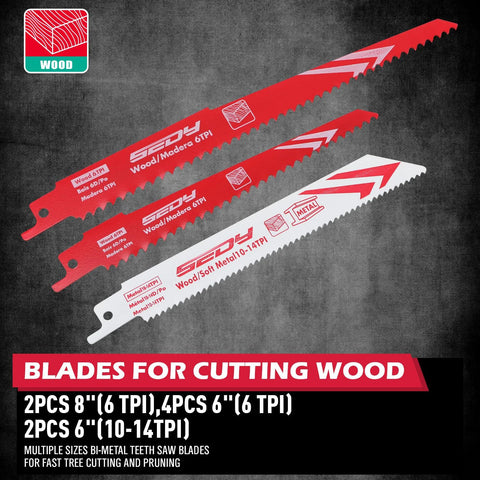 Three reciprocating saw blades for wood and metal; red/white bi-metal teeth, 6 in and 8 in sizes, with storage box