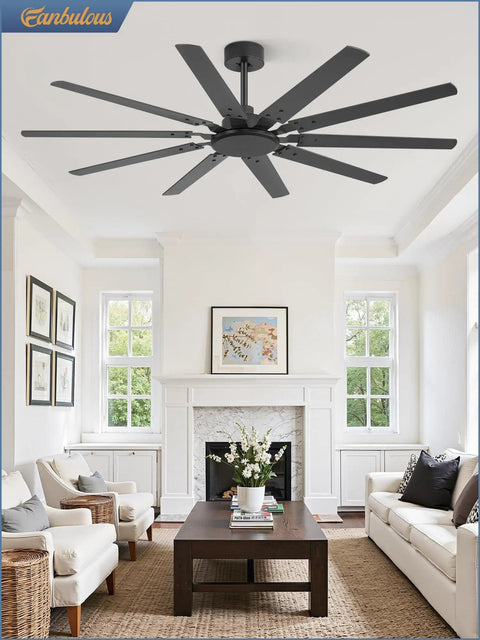 65 Inch Large Ceiling Fan No Light With Remote 6 Speed Reversible Quiet DC Motor 10 Blade Dual Color Black And Wood Grain