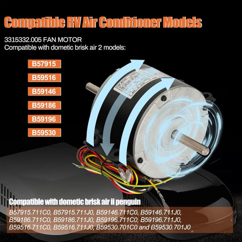 RV Brisk Air II Fan Motor Replacement One Quarter Horsepower Three Speed Genteq F48AF70A61 OEM Compatible