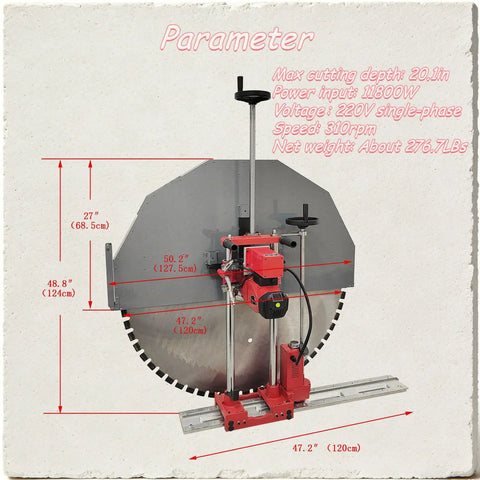 Professional 220V Single Phase Automatic Concrete Wall Cutter Featuring 11.8KW Diamond Track Saw And 47.2 Inch Blade with specs showing cutting depth and dimensions.