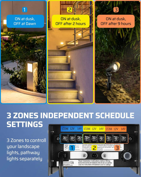 Diagram showing Outdoor Low Voltage Landscape Transformer 200W Easy Plug In Setup Three Independent Outputs Dusk To Dawn Photocell