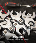One Half Inch Drive Fractional Jumbo Straight Crowfoot Wrench Set, Fourteen Piece, chrome finish, shown in storage rail
