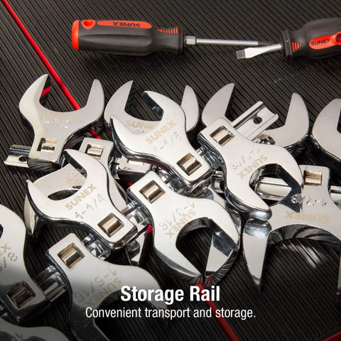 One Half Inch Drive Fractional Jumbo Straight Crowfoot Wrench Set, Fourteen Piece, chrome finish, shown in storage rail