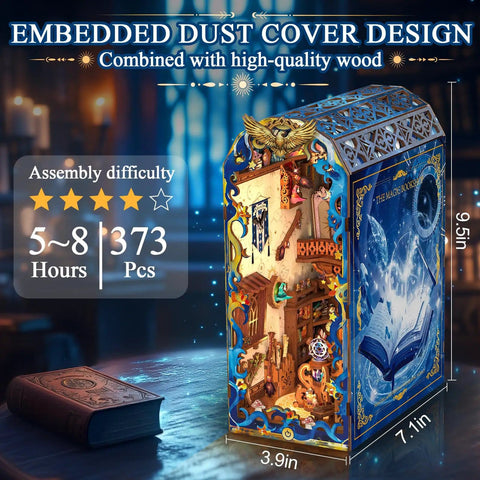 DIY Miniature Book Nook Kit With LED Light, Fantasy Bookstore Scene For Your Shelf, Wooden Puzzle displayed on a table