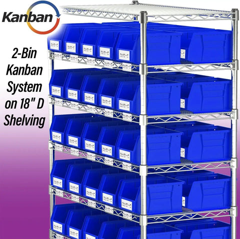 Space Saving Stackable Plastic Storage Bins For Garage And Pantry, 9 X 6 X 5 Inches, Blue, on 18-inch shelving system