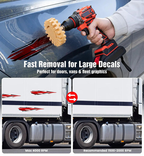 Eraser Wheel Decal Remover Tool Kit removing sticker from vehicle with drill, showing before and after on truck
