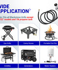 Diagram showing 8 Ft QCC1 Propane Regulator And Adapter Hose For LP Gas Grills And Heaters Universal Tank Connector with various outdoor appliances.