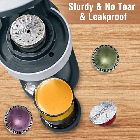 Aluminum Foil Lids For Reusable Nespresso VertuoLine Pods 120 Pack, Coffee Pod Seals Sticker Covers, Easy Peel Adhesion in coffee maker.