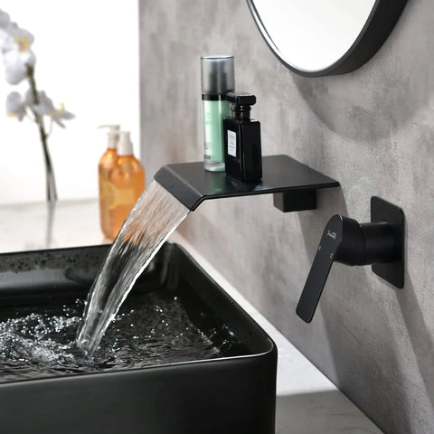 Wall Mount Bathtub Filler Faucet With Waterfall Flow, Roman Tub Filler, Single Handle Bathroom Sink Faucet Kit, Matte Black