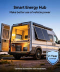 Heavy Duty Dual Input Dc To Dc Alternator And Solar Charger For Portable Power Stations 1200W in a camper with solar panels.