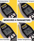 Pro Grade Heat Index Monitor With Wet Bulb Globe Temperature Gauge And Brass Ball showing temperature and humidity readings.